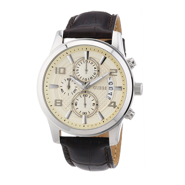 Guess Exec Brown Leather Strap Cream Dial Chronograph Quartz Watch for Gents - W0076G2