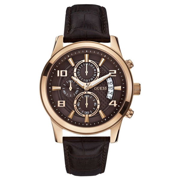 Guess Exec Brown Leather Strap Brown Dial Chronograph Quartz Watch for Gents - W0076G4