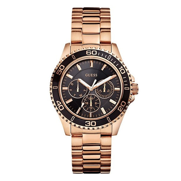 Guess BFF Multifunction Rose Gold Stainless Steel Black Dial Quartz Watch for Ladies - W0231L7
