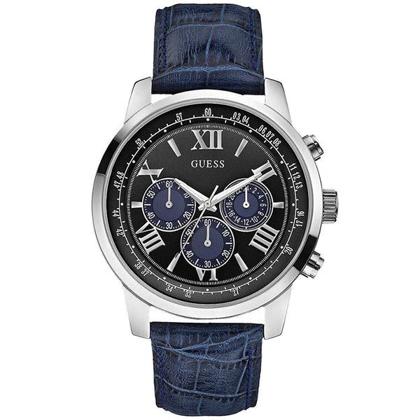 Guess Horizon Blue Leather Strap Black Dial Chronograph Quartz Watch for Gents - W0380G3