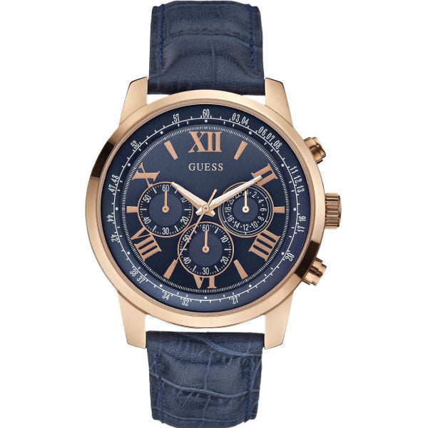 Guess Horizon Blue Leather Strap Blue Dial Chronograph Quartz Watch for Gents - W0380G5