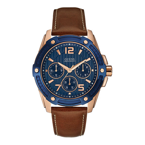 Guess Flagship Brown Leather Strap Blue Dial Quartz Watch for Gents - W0600G3