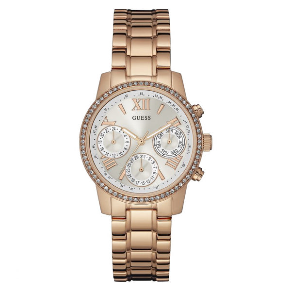 Guess Mini Sunrise Rose Gold Stainless Steel Silver Dial Chronograph Quartz Watch for Ladies - W0623L2