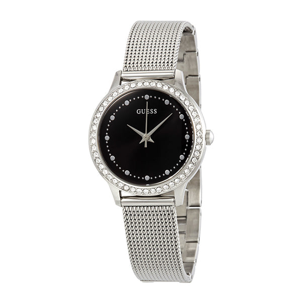 Guess Chelsea Silver Mesh Bracelet Black Dial Quartz Watch for Ladies - W0647L5