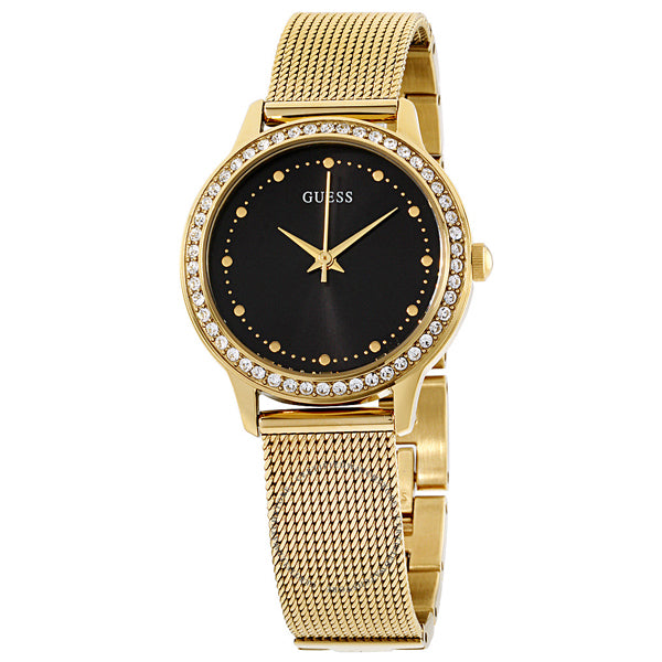 Guess Chelsea Gold Mesh Bracelet Black Dial Quartz Watch for Ladies - W0647L8