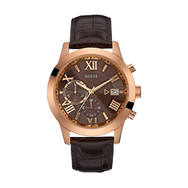 Guess Atlas Brown Leather Strap Brown Dial Chronograph Quartz Watch for Gents - W0669G1