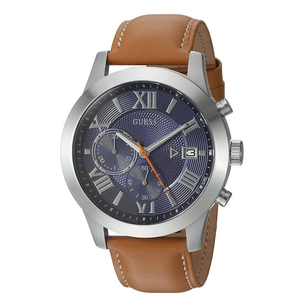 Guess Atlas Brown Leather Strap Blue Dial Chronograph Quartz Watch for Gents - W0669G3