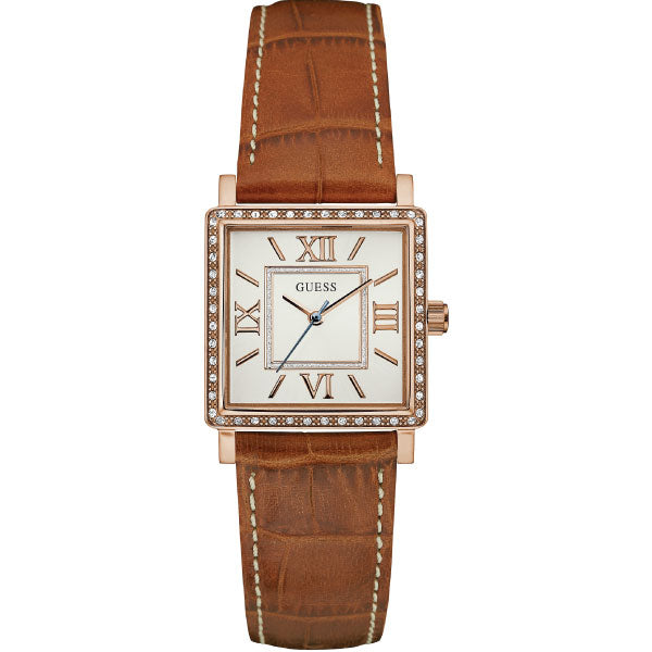 Guess Highline Brown Leather Strap White Dial Quartz Watch for Ladies - W0829L4