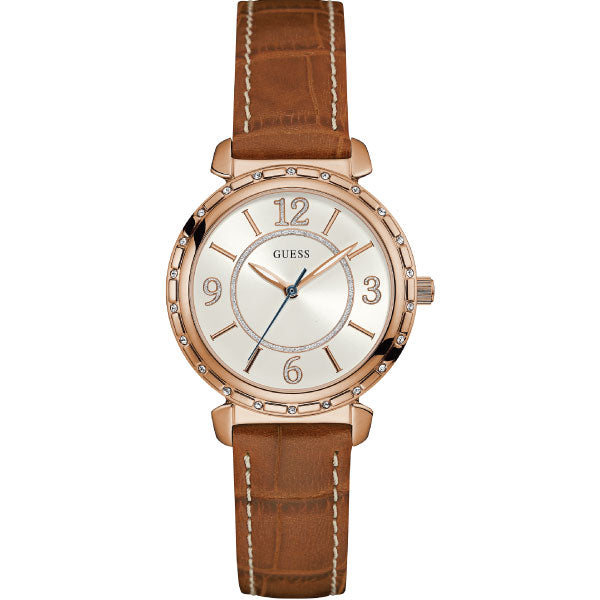 Guess Hampton Brown Leather Strap Silver Dial Quartz Watch for Ladies - W0833L1