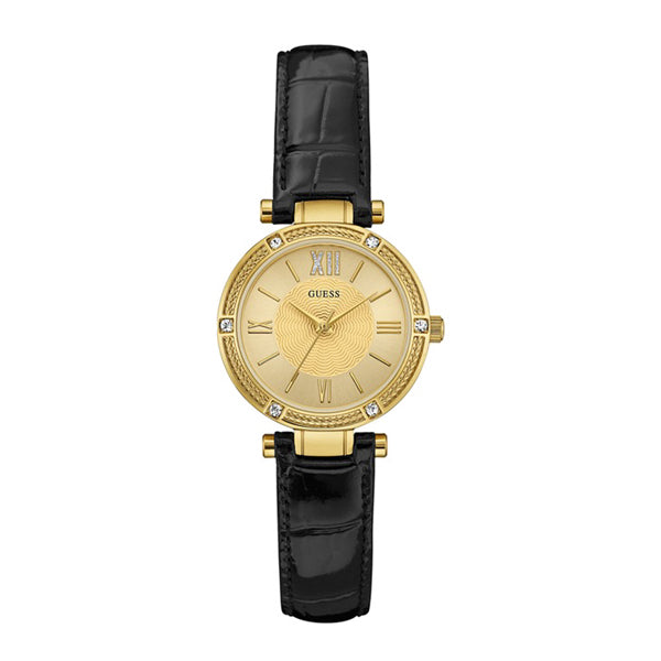 Guess Park Ave South Black Leather Strap Gold Dial Quartz Watch for Ladies - W0838L1