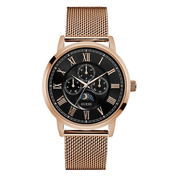 Guess Delancy Rose Gold Mesh Bracelet Black Dial Quartz Watch for Gents - W0871G5