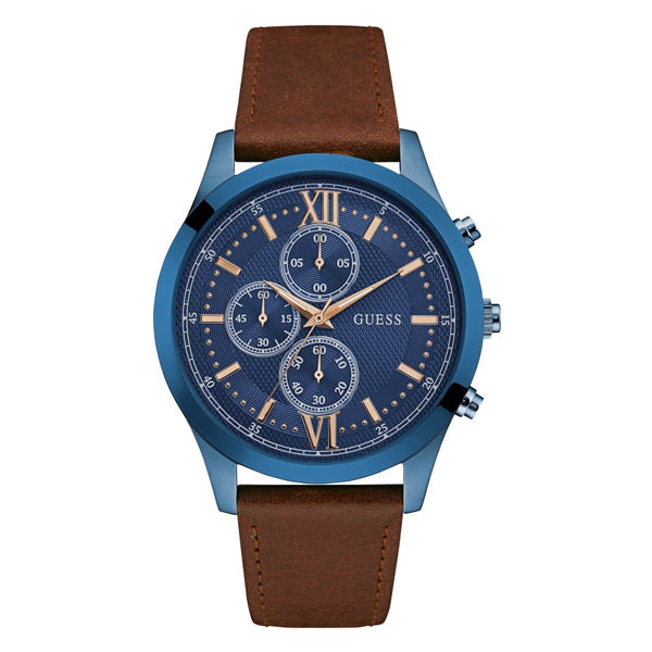 Guess Hudson Brown Leather Strap Blue Dial Chronograph Quartz Watch for Gents - W0876G3