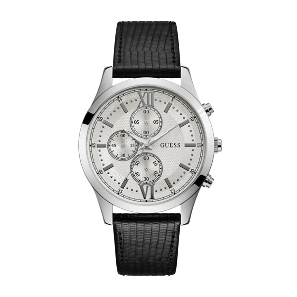 Guess Hudson Black Leather Strap Silver Dial Chronograph Quartz Watch for Gents - W0876G4