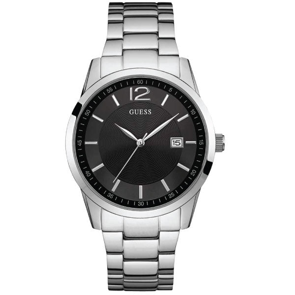 Guess Silver Stainless Steel Black Dial Quartz Watch for Gents - W0901G1