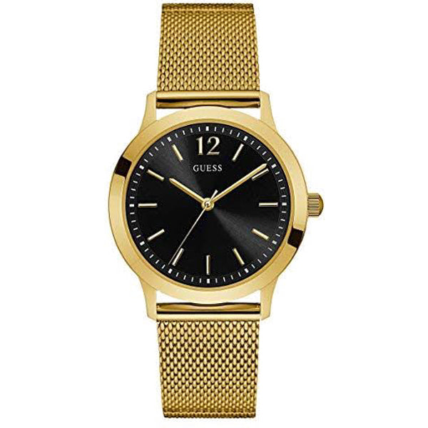 Guess Exchange Gold Mesh Bracelet Black Dial Quartz Watch for Gents - W0921G3