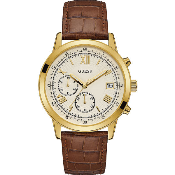 Guess Summit Brown Leather Strap White Dial Chronograph Quartz Watch for Gents - W1000G3