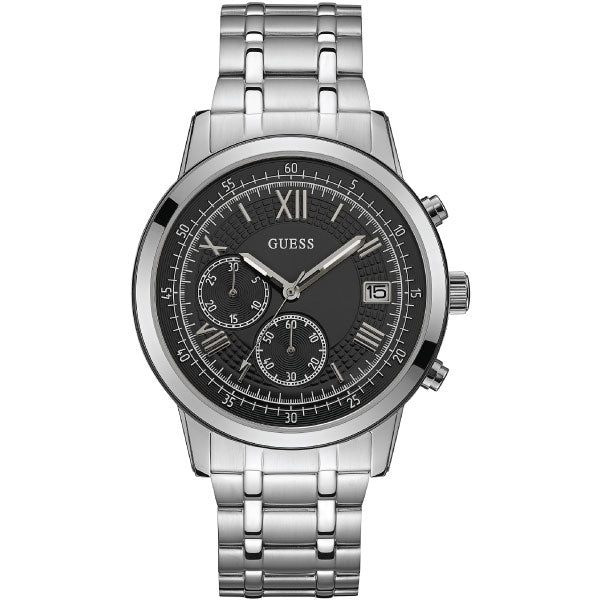 Guess Summit Silver Stainless Steel Black Dial Chronograph Quartz Watch for Gents - W1001G4