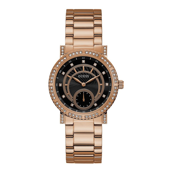 Guess Constellation Rose Gold Stainless Steel Black Dial Quartz Watch for Ladies - W1006L2