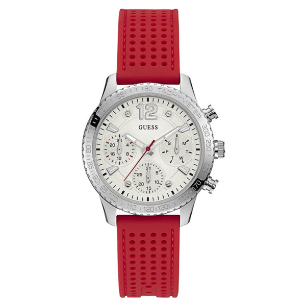 Guess Marina Red Silicone Strap Silver Dial Chronograph Quartz Watch for Ladies - W1025L2