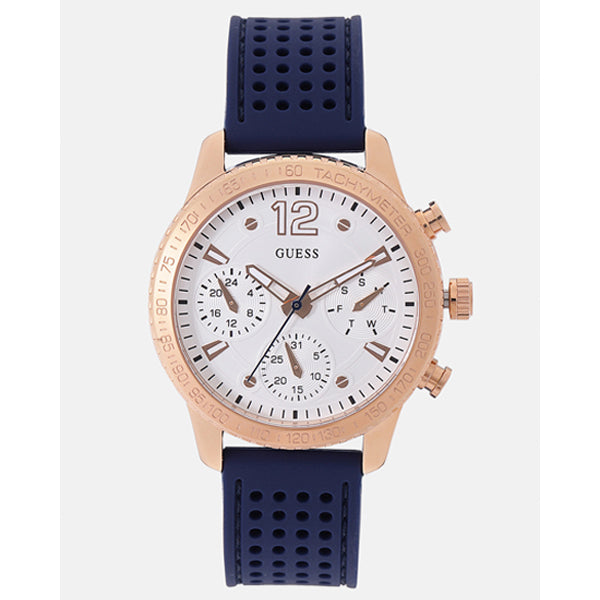 Guess Marina Blue Silicone Strap Silver Dial Chronograph Quartz Watch for Ladies - W1025L4