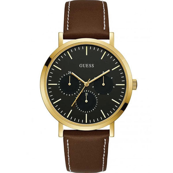 Guess Slate Brown Leather Strap Black Dial Quartz Watch for Gents - W1044G1