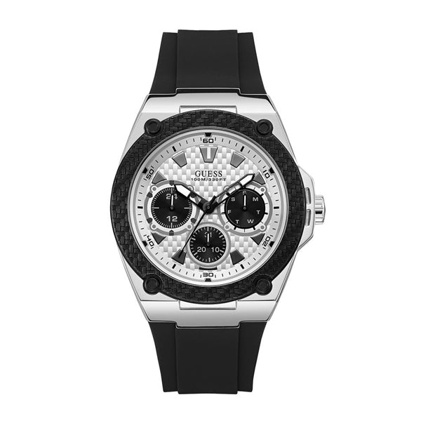 Guess Legacy Black Silicone Strap White Dial Quartz Watch for Gents - W1049G3