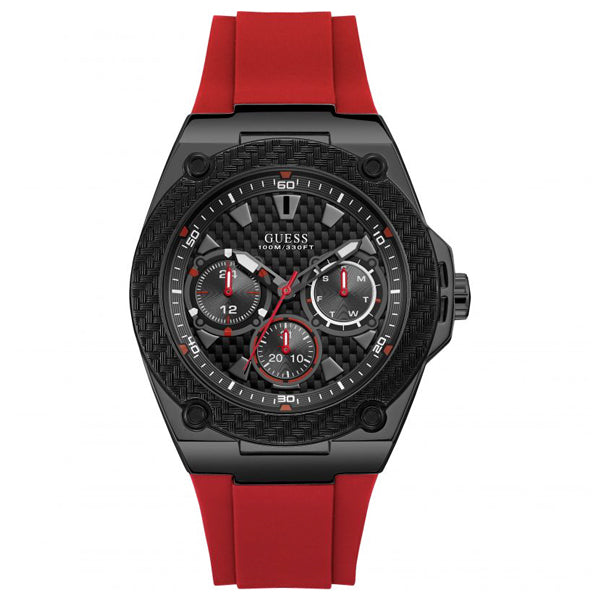 Guess Legacy Red Silicone Strap Black Dial Quartz Watch for Gents - W1049G6