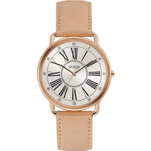 Guess Kennedy Tan Leather Strap Silver Dial Quartz Watch for Ladies - W1068L5