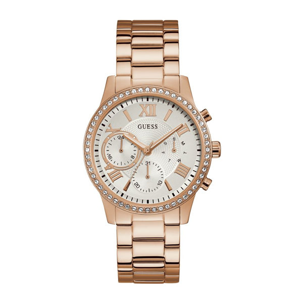 Guess Solar Rose Gold Stainless Steel Silver Dial Chronograph Quartz Watch for Ladies - W1069L3