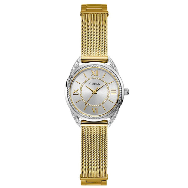 Guess Whisper Gold Mesh Bracelet Silver Dial Quartz Watch for Ladies - W1084L2