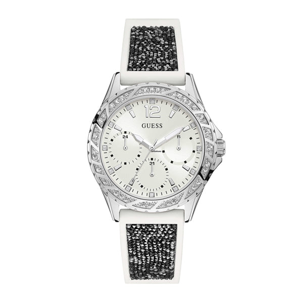 Guess Swirl White Silicone Strap Silver Dial Quartz Watch for Ladies - W1096L1