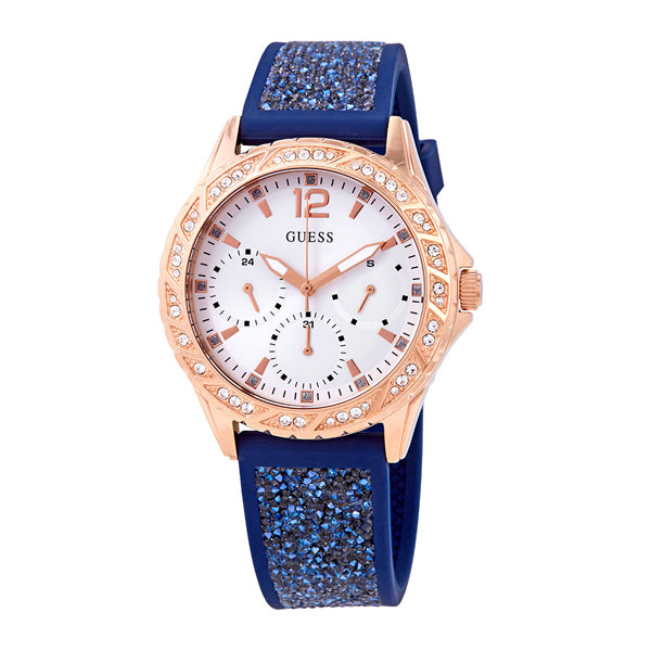 Guess Swirl Blue Silicone Strap White Dial Quartz Watch for Ladies - W1096L4