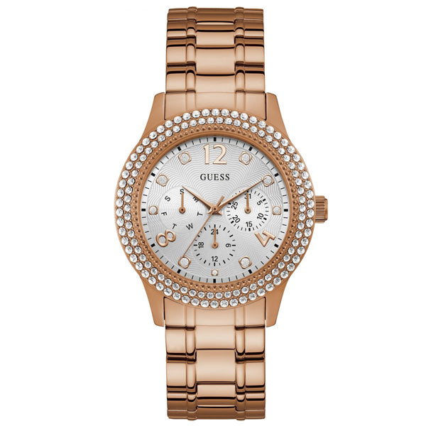 Guess Bedazzle Rose Gold Stainless Steel Silver Dial Quartz Watch for Ladies - W1097L3