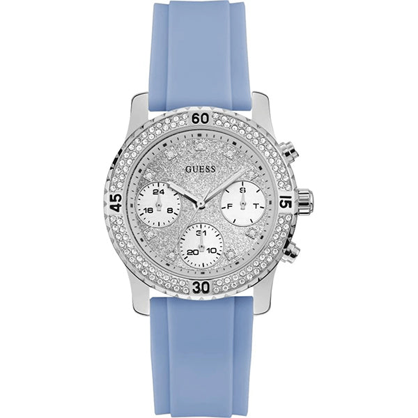 Guess Confetti Crystal Light Blue Silicone Strap Silver Dial Chronograph Quartz Watch for Ladies - W1098L3