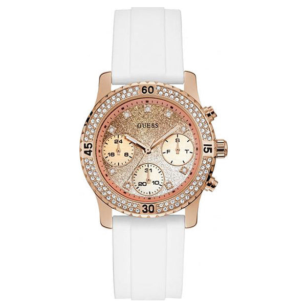 Guess Confetti Crystal White Silicone Strap Multi Color Dial Chronograph Quartz Watch for Ladies - W1098L5