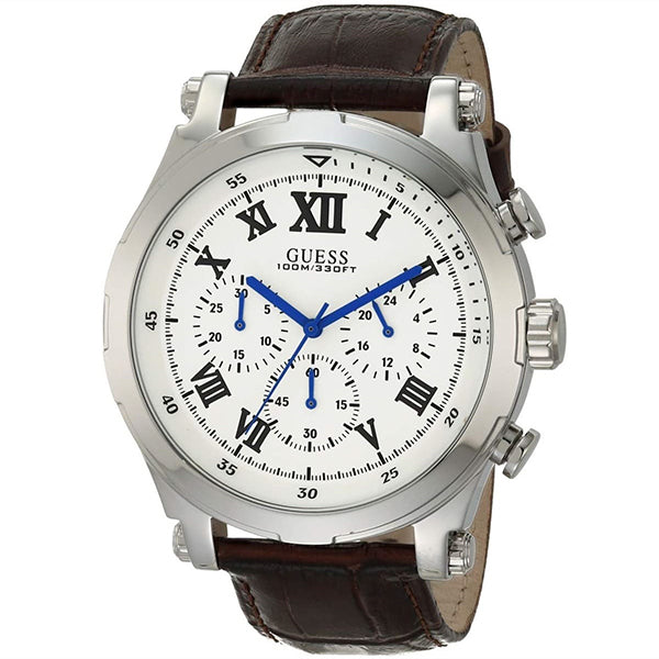 Guess Anchor Brown Leather Strap Silver Dial Chronograph Quartz Watch for Gents - W1105G3