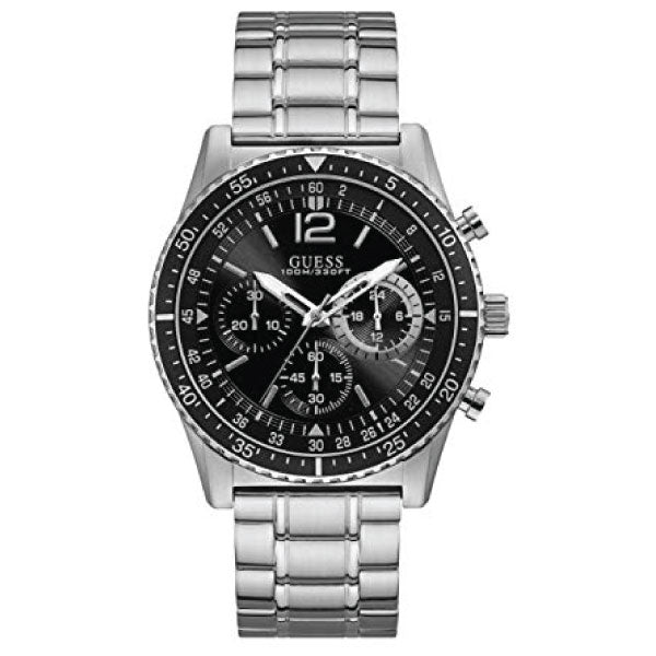 Guess Launch Silver Stainless Steel Black Dial Chronograph Quartz Watch for Gents - W1106G1