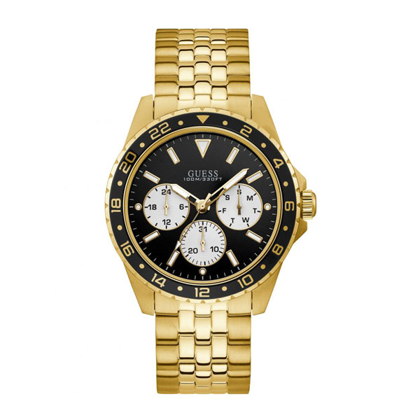 Guess Odyssey Gold Stainless Steel Black Dial Quartz Watch for Gents - W1107G4