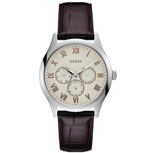 Guess Watson Brown Leather Strap Cream Dial Quartz Watch for Gents - W1130G2