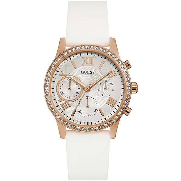 Guess Solar White Silicone Strap Silver Dial Chronograph Quartz Watch for Ladies - W1135L1