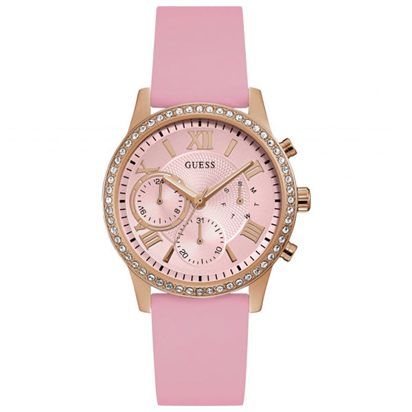 Guess Solar Pink Silicone Strap Pink Dial Chronograph Quartz Watch for Ladies - W1135L2
