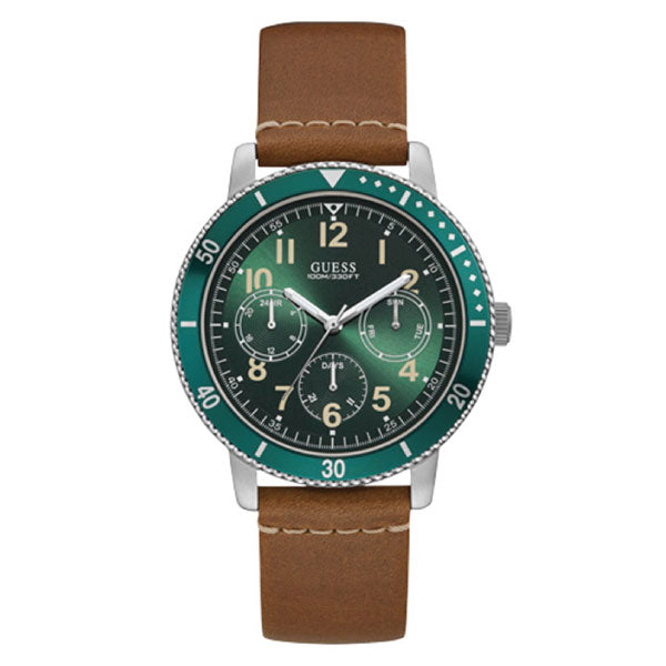 Guess Brown Leather Strap Green Dial Quartz Watch for Gents - W1169G1