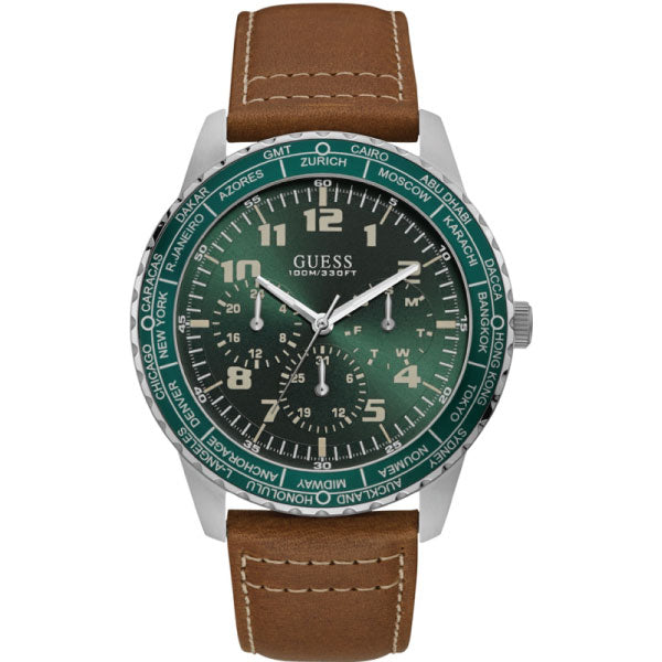 Guess Pioneer Brown Leather Strap Green Dial Quartz Watch for Gents - W1170G1