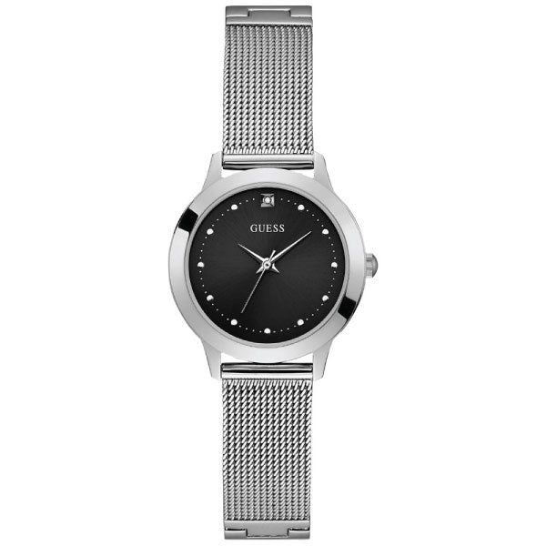 Guess Chelsea Silver Mesh Bracelet Black Dial Quartz Watch for Ladies - W1197L1