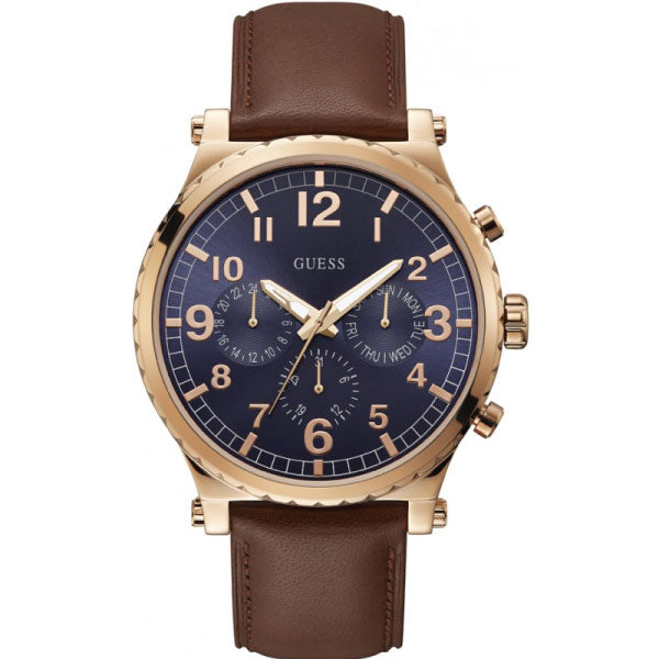 Guess Arrow Brown Leather Strap Blue Dial Chronograph Quartz Watch for Gents - W1215G1