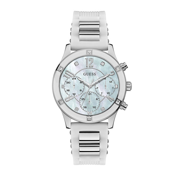 Guess Breeze White Silicone Strap Mother of pearl Dial Chronograph Quartz Watch for Ladies - W1234L1