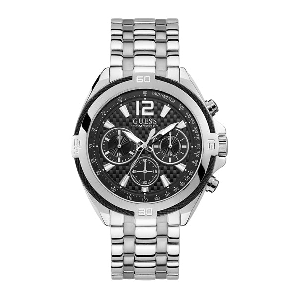 Guess Surge Silver Stainless Steel Black Dial Chronograph Quartz Watch for Gents - W1258G1