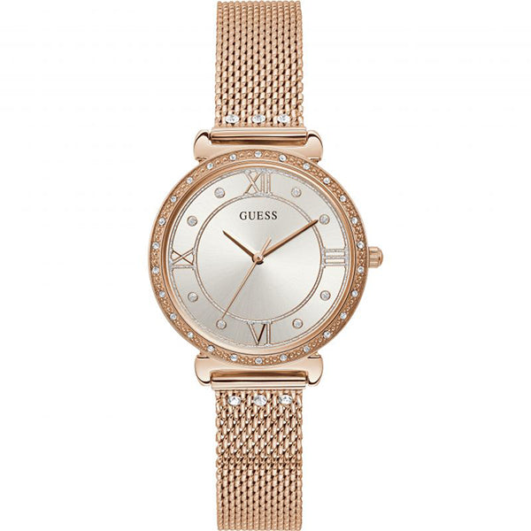 Guess Jewel Rose Gold Mesh Bracelet Silver Dial Quartz Watch for Ladies - W1289L3