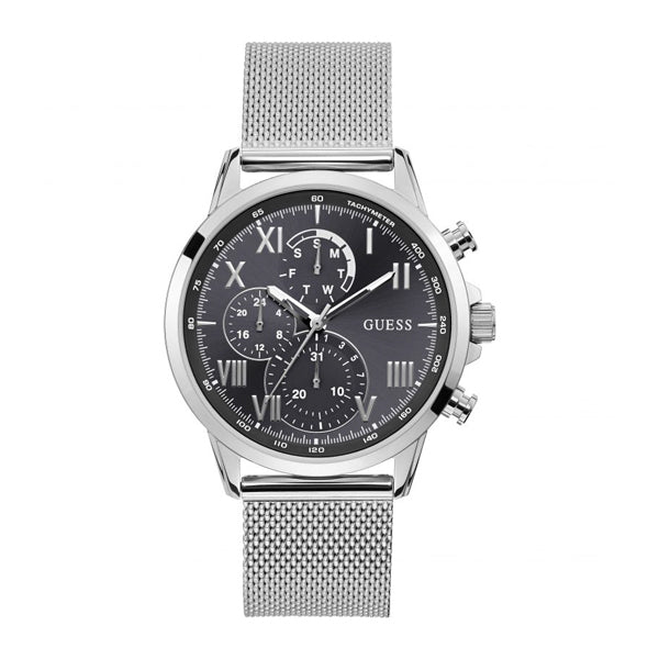 Guess Porter Silver Mesh Bracelet Black Dial Chronograph Quartz Watch for Gents - W1310G1