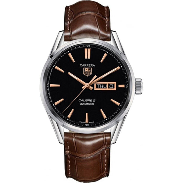 Tag Heuer Carrera Calibre 5 Brown Leather Strap Black Dial Automatic Watch for Gents - WAR201C.FC6291